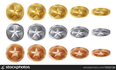 Game 3D Gold, Silver, Bronze Coins Set Vector With Star. Flip Different Angles. Achievement Coin Icons, Sign, Success, Winner, Bonus, Cash Symbol. Illustration Isolated. For Web, Game App Interface. Game 3D Gold, Silver, Bronze Coins Set Vector With Star. Flip Different Angles. Achievement Coin Icons, Sign, Success, Winner, Bonus, Cash Symbol. Illustration Isolated