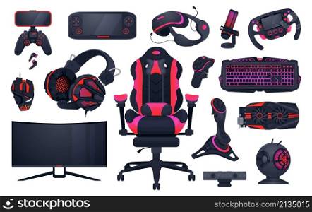 Game accessories. Professional gaming and IT profession equipment. Gamepad and computer monitor. PC peripherals. Playing VR glasses or keypad. Isolated chair and headset. Vector gamers devices set. Game accessories. Professional gaming and IT profession equipment. Gamepad and computer monitor. PC peripherals. VR glasses or keypad. Isolated chair and headset. Vector devices set