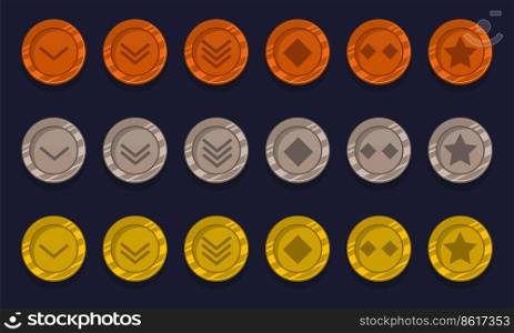 Game achievement badge or rank icon cartoon set. Gold, silver and bronze awards or medal reward. Level up coins with star and element for ui asset. Collection trophy symbol vector illustration