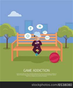 Game Addiction Banner. Game addiction banner. Boy whis smartphone sitting on wooden bench in the park. Boy with dialog window. Boy using tablet. Urban cityscape with boy, park, bench, trees, blue sky and white clouds