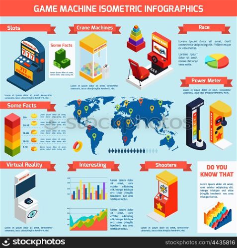 Game Amusement Machines Isometric Infographics Banner . Game slot machines isometric infographic banner with world distribution statistics and interesting facts abstract vector illustration