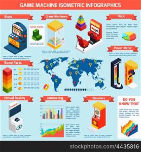 Game Amusement Machines Isometric Infographics Banner . Game slot machines isometric infographic banner with world distribution statistics and interesting facts abstract vector illustration