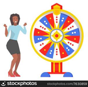 Game and roulette, fortune wheel and excited woman. Money or prize, African girl and color cirle, opportunity and luck, prize and award, risk. Vector illustration in flat cartoon style. Fortune Wheel and Excited Woman, Game and Roulette