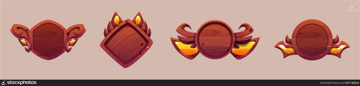 Game avatar frames, level ui icons, wooden shields or banners animal shapes with wings and horns. Isolated 2d graphic elements, reward, trophy achievement and prize for rpg design, Cartoon vector set. Game avatar frames, level ui icons, wooden shields