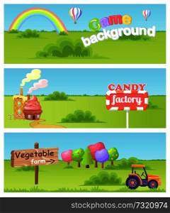 Game background banner with rainbow and flying balloons. Candy factory fairy landscape with buildings from sweets flat vector. Vegetable farm horizontal illustration with tractor and fantastic garden. Fairy Cartoon Flat Vector Concept Landscapes Set