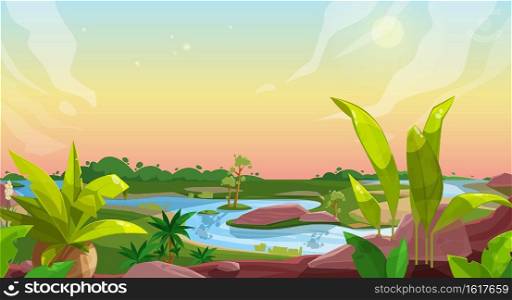 Game background of cartoon nature landscape, vector ui and gui with forest, ground, sky, green grass meadow, palm trees and river water, rocks and jungle plants. User interface, game animation design. Game background of cartoon nature landscape