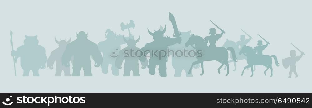 Game Background of Fantasy Warriors. Game background of fantasy warriors. Silhouettes of mythical monsters and people with weapons and armors. Stylized fantasy characters. Game background in flat design isolated. Vector illustration.
