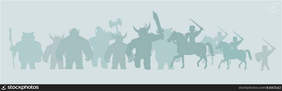 Game Background of Fantasy Warriors. Game background of fantasy warriors. Silhouettes of mythical monsters and people with weapons and armors. Stylized fantasy characters. Game background in flat design isolated. Vector illustration.