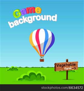 Game background. Vegetable farm sign board on green grass. Air Balloon with colorful stripes in blue sky Vector illustration of big object for travelling with basket. Air means of transportation. Game Background. Vegetable Farm Sign Board Vector