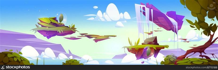 Game background with fantasy landscape with floating islands and items. Vector cartoon illustration of 2d land platforms with green grass, waterfall and flying leaves in bubbles. Game background with floating islands