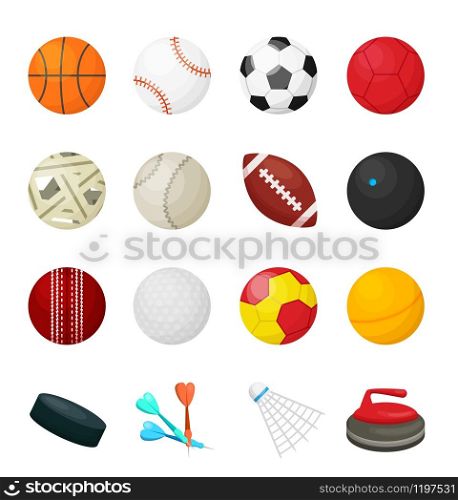 Game balls. Flat sport equipment for soccer football basketball hockey baseball games and different. Vector set of sport leather balls isolated on white background. Game balls. Flat sport equipment for soccer football basketball hockey baseball games. Vector set of sport balls isolated on white