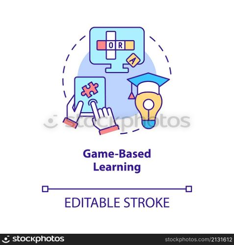 Game based learning concept icon. Engagement and motivation. Elearning abstract idea thin line illustration. Isolated outline drawing. Editable stroke. Roboto-Medium, Myriad Pro-Bold fonts used. Game based learning concept icon