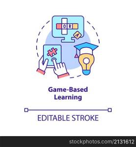 Game based learning concept icon. Engagement and motivation. Elearning abstract idea thin line illustration. Isolated outline drawing. Editable stroke. Roboto-Medium, Myriad Pro-Bold fonts used. Game based learning concept icon