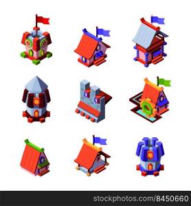 Game buildings. Isometric props for cartoon games construction collection in fantasy style farm cottages garish vector 3d template. Illustration of architecture building toys. Game buildings. Isometric props for cartoon games construction collection in fantasy style farm cottages garish vector 3d template