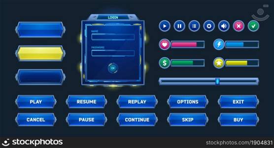 Game buttons and frames in sci fi style. Design elements, menu and assets for user interface. Vector cartoon set of futuristic game ui elements, bars of health, money and energy, check and cross marks. Game buttons and frames in sci fi style