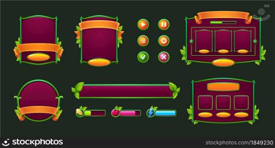 Game buttons and frames with green borders and leaves. Design elements and assets with plants for user interface. Vector cartoon set of bars, check and cross marks and panels. Game buttons and frames with green leaves