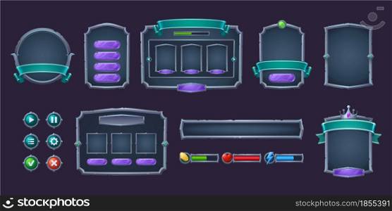 Game buttons and frames with metal border. Design elements and assets for user interface. Vector cartoon set of game ui elements, bars of health, coins and energy, check and cross marks and panels. Game buttons and frames with metal border
