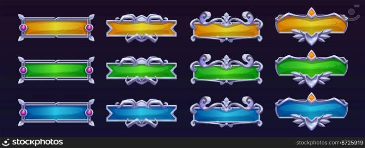 Game buttons with different fantasy silver frames. Blank old green, blue and yellow banners with metal borders with swirls and gems, vector cartoon set isolated on background. Game buttons with different fantasy silver frames