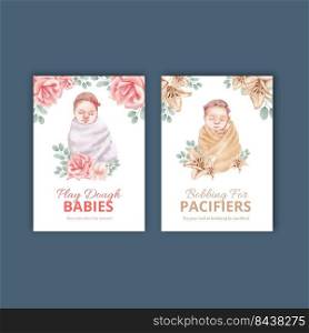 Game card  template with newborn baby concept,watercolor style 