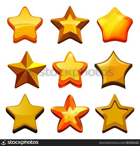 Game cartoon stars. Crystal golden gui buttons icons and status bar vector mobile gaming template. Star gui, game ui, gold interface glossy stars. Game cartoon stars. Crystal golden gui buttons icons and status bar vector mobile gaming template