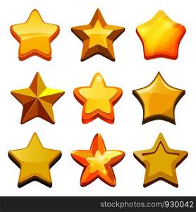 Game cartoon stars. Crystal golden gui buttons icons and status bar vector mobile gaming template. Star gui, game ui, gold interface glossy stars. Game cartoon stars. Crystal golden gui buttons icons and status bar vector mobile gaming template