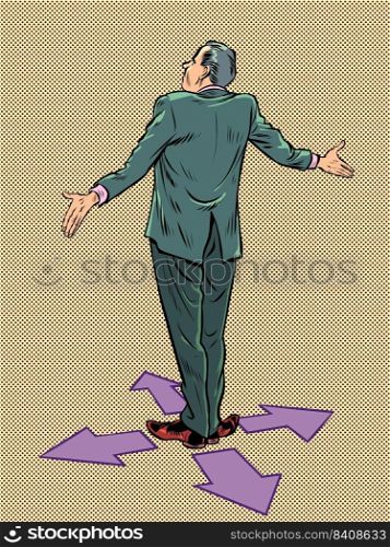 game character control right left forward back. Businessman at the fork. difficult decision. Pop art retro vector illustration kitsch vintage 50s 60s style. game character control right left forward back. Businessman at the fork. difficult decision