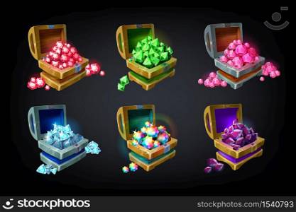 Game chest. Cartoon colored precious jewelry stones, achievement game design element, batch of glowing gems. Vector illustration shining crystals set for playing. Game chest. Cartoon colored precious jewelry stones, achievement game design element, batch of glowing gems. Vector shining crystals set