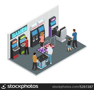 Game Club Interior Concept . Isometric isolated and colored game club interior concept with playing people in one room vector illustration