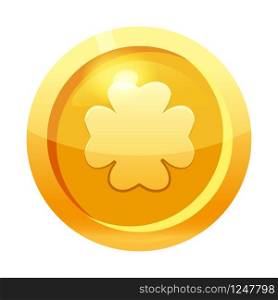 Game coin gold with clover leaf symbol, icon, game interface, gold metal. Game coin gold with clover leaf symbol, icon, game interface, gold metal. For web, game or application GUI UI. Vector illustration isolated