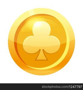 Game coin gold with club symbol, icon, game interface, gold metal. Game coin gold with clubs symbol, icon, game interface, gold metal. For web, game or application GUI UI. Vector illustration isolated