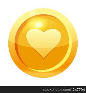 Game coin gold with heart symbol, icon, game interface, gold metal. Game coin gold with heart symbol, icon, game interface, gold metal. For web, game or application GUI UI. Vector illustration isolated