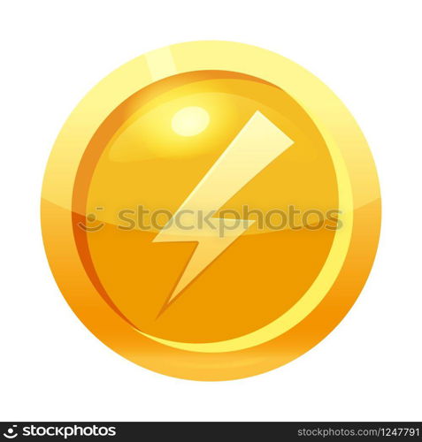Game coin gold with lightning symbol, icon, game interface, gold metal. Game coin gold with lightning symbol, icon, game interface, gold metal. For web, game or application GUI UI. Vector illustration isolated
