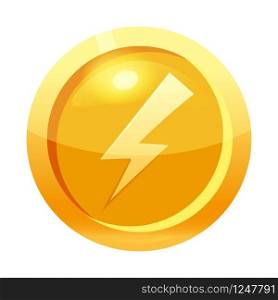 Game coin gold with lightning symbol, icon, game interface, gold metal. Game coin gold with lightning symbol, icon, game interface, gold metal. For web, game or application GUI UI. Vector illustration isolated