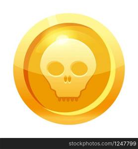 Game coin gold with scull symbol, icon, game interface, gold metal. Game coin gold with scull symbol, icon, game interface, gold metal. For web, game or application GUI UI. Vector illustration isolated