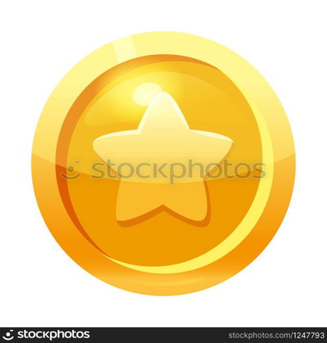 Game coin gold with star symbol, icon, game interface, gold metal. Game coin gold with star symbol, icon, game interface, gold metal. For web, game or application GUI UI. Vector illustration isolated