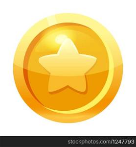 Game coin gold with star symbol, icon, game interface, gold metal. Game coin gold with star symbol, icon, game interface, gold metal. For web, game or application GUI UI. Vector illustration isolated