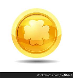 Game coin with clover leaf, game interface, gold. Game coin with clover leaf, game interface, gold, vector, cartoon style, isolated