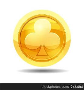 Game coin with clubs, game interface, gold. Game coin with clubs, game interface, gold, vector, cartoon style, isolated