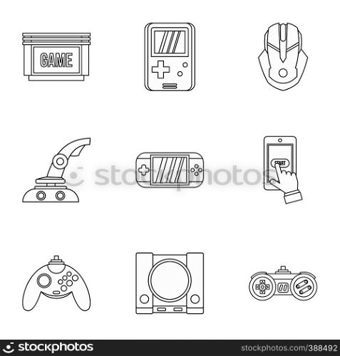 Game console icons set. Outline illustration of 9 game console vector icons for web. Game console icons set, outline style