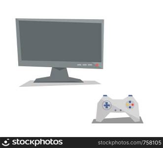 Game controller and screen vector flat design illustration isolated on white background.. Game controller and screen vector illustration.