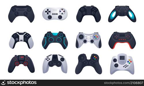 Game controllers. Gaming accessories. Electronic equipment. Computer peripherals. Gamepad, mouse and keyboard. Joysticks and steering wheels. Modern devices with buttons. Vector isolated joypad set. Game controllers. Gaming accessories. Electronic equipment. Computer peripherals. Gamepad, mouse and keyboard. Joysticks and steering wheels. Devices with buttons. Vector joypad set
