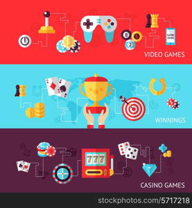 Game design banner set with casino fortune winning video isolated vector illustration