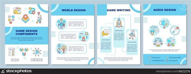 Game design components brochure template. World building, game writing. Flyer, booklet, leaflet print, cover design with linear icons. Vector layouts for magazines, annual reports, advertising posters. Game design components brochure template