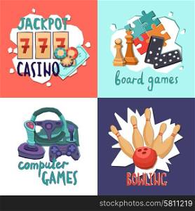 Game design concept with casino computer board games and bowling isolated vector illustration. Game design concept