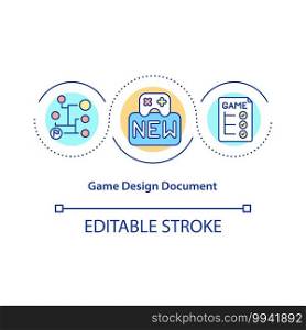 Game design document concept icon. GDD idea thin line illustration. Game world and characters sketches. Executive summary and gameplay. Vector isolated outline RGB color drawing. Editable stroke. Game design document concept icon
