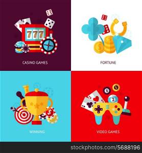 Game design flat concept set with casino fortune winning video isolated vector illustration