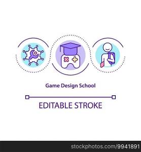 Game design school concept icon. Degree in game production idea thin line illustration. Computer graphics, programming and art learning. Vector isolated outline RGB color drawing. Editable stroke. Game design school concept icon