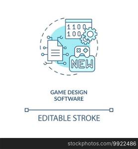 Game design software concept icon. Game designer skills. Programs for making modern plots. Development idea thin line illustration. Vector isolated outline RGB color drawing. Editable stroke. Game design software concept icon
