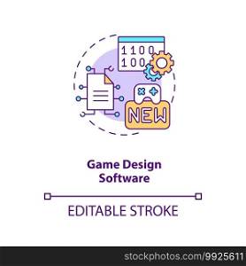 Game design software concept icon. Game designer skills. Programs for making modern stories. Development idea thin line illustration. Vector isolated outline RGB color drawing. Editable stroke. Game design software concept icon