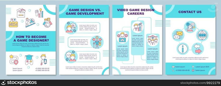 Game designer becoming brochure template. Game development, career. Flyer, booklet, leaflet print, cover design with linear icons. Vector layouts for magazines, annual reports, advertising posters. Game designer becoming brochure template